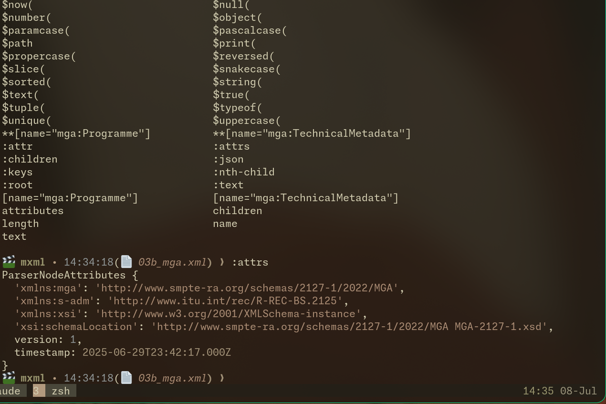 MediaXML CLI terminal interface showing XML parsing, syntax highlighting, and XPath query functionality