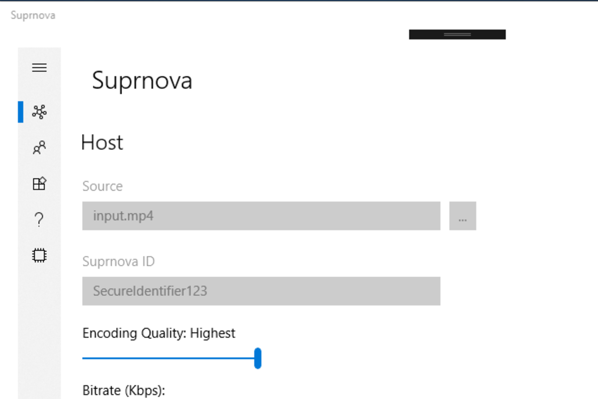 Suprnova Host UI showing video transcoding configuration with encoding quality, bitrate, and frame rate settings